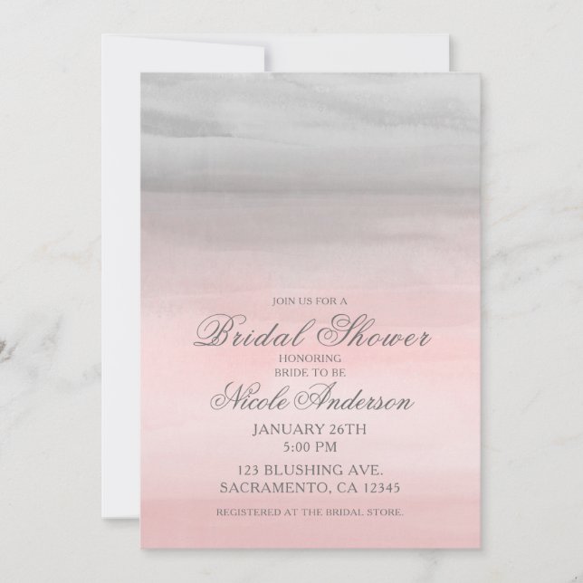 Blushing Pink Grey Modern Watercolor Bridal Shower Invitation (Front)