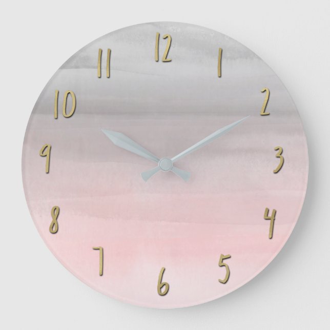 Blushing Pink & Grey Modern Watercolor Girly Glam Large Clock (Front)