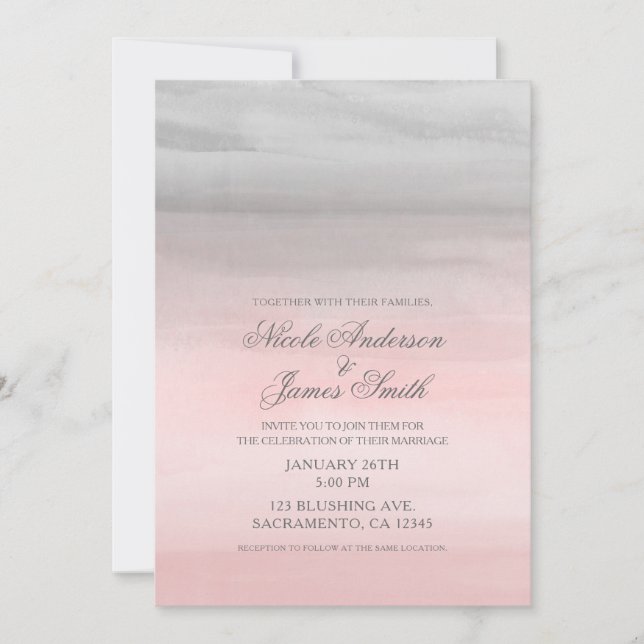Blushing Pink & Grey Modern Watercolor Wedding Invitation (Front)