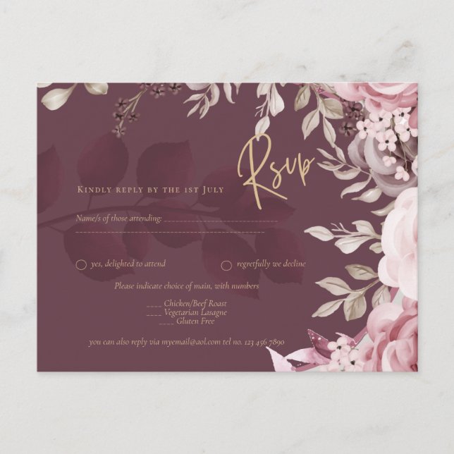 Blushing Pink Maroon Floral Wedding RSVP Postcard (Front)