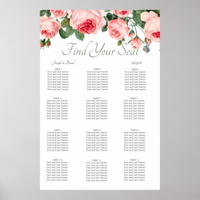 Blushing Pink Rose Floral Elegant Seating Chart (Front)
