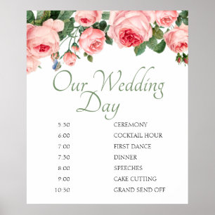 Blushing Pink Rose Floral Wedding Schedule Poster