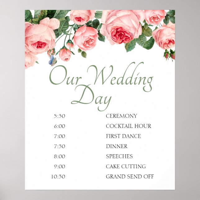 Blushing Pink Rose Floral Wedding Schedule Poster (Front)