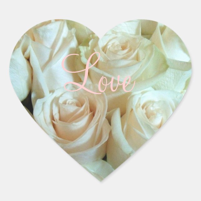 Blushing Pink Roses "Love! Flowers!" Heart Sticker (Front)