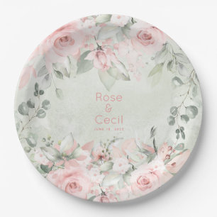 Blushing Pink Roses Wedding 9 Inch Dinner Paper Plate