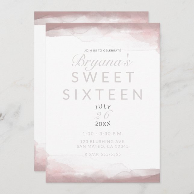 Blushing Pink Watercolor Modern Chic Sweet 16 Invitation (Front/Back)