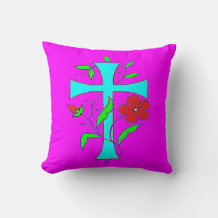 BLUSHING PINK WITH A BLUE CROSS AND RED FLOWER CUSHION