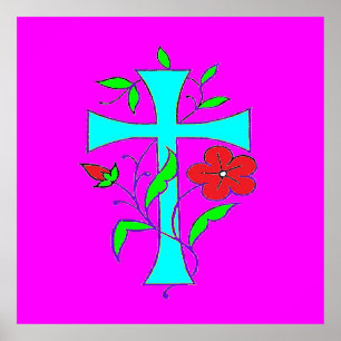 BLUSHING PINK WITH A BLUE CROSS AND RED FLOWER POSTER