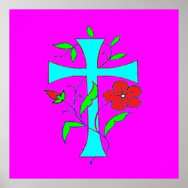 BLUSHING PINK WITH A BLUE CROSS AND RED FLOWER POSTER (Front)