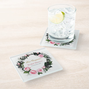 Blushing Romance: Pink Rose Bridal Shower  Glass Coaster