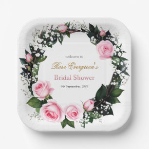 Blushing Romance: Pink Rose Bridal Shower Paper Plate