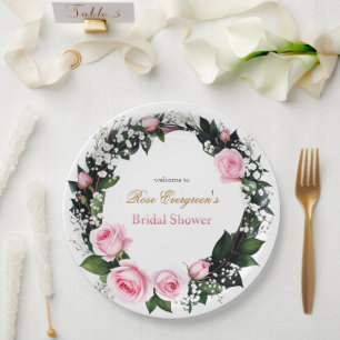 Blushing Romance: Pink Rose Bridal Shower Paper Plate