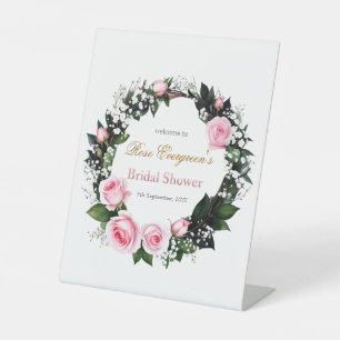 Blushing Romance: Pink Rose Bridal Shower Pedestal Sign