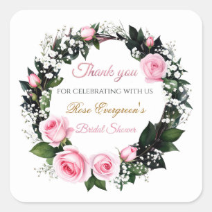 Blushing Romance:Pink Rose Bridal Shower Thank you Square Sticker