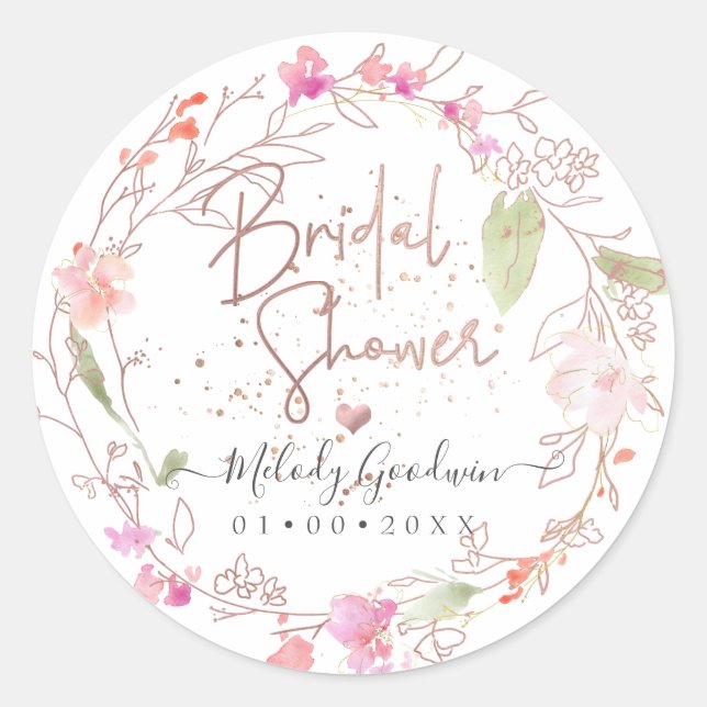 Blushing Romance, Watercolor Bridal Shower Classic Round Sticker (Front)