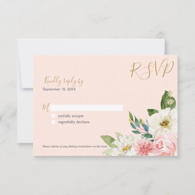 Blushing Rose Blush Pink Navy White Floral Wedding RSVP Card (Front)