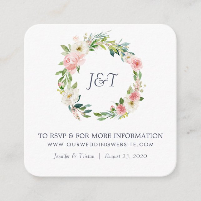 Blushing Rose Pink and White Floral Wedding Small Enclosure Card (Front)