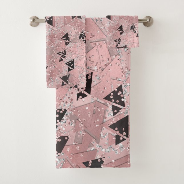 Blushing Rose Pink Gold & Black Triangles Pattern Bath Towel Set (Insitu)
