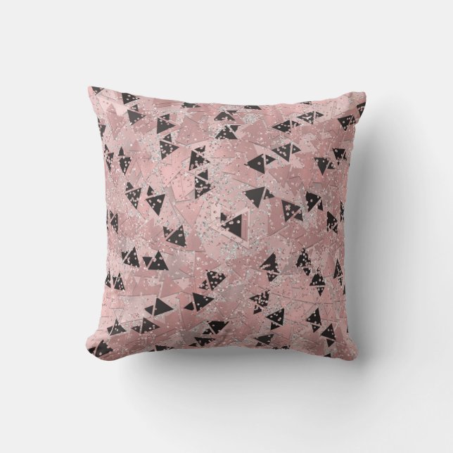 Blushing Rose Pink Gold & Black Triangles Pattern Cushion (Front)