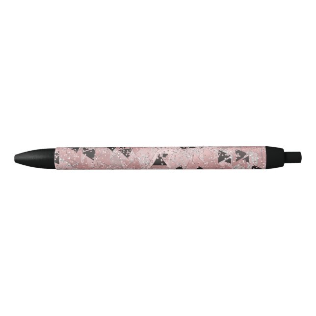 Blushing Rose Pink Gold & Black Triangles Pattern Ink Pen (Front)