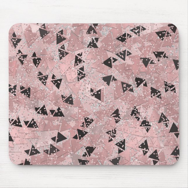 Blushing Rose Pink Gold & Black Triangles Pattern Mouse Mat (Front)