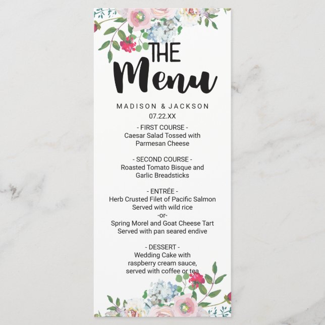 Blushing Rose Watercolor Floral Wedding Menu (Front)