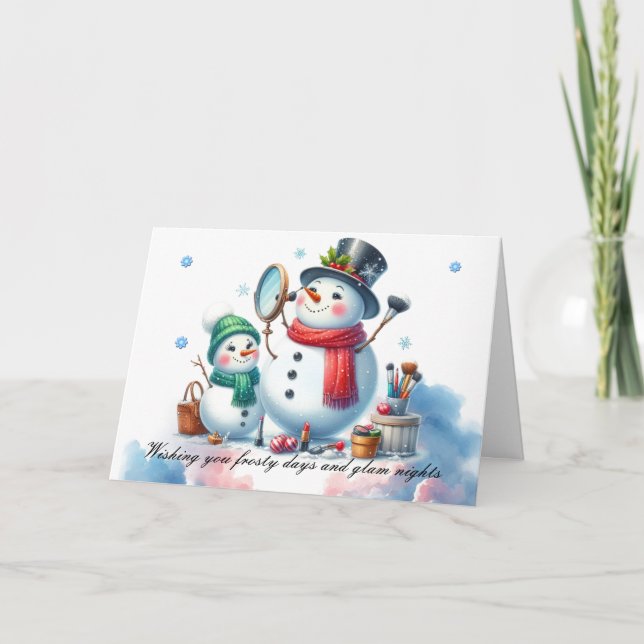 Blushing Snowman Glam Holiday Style Card (Front)