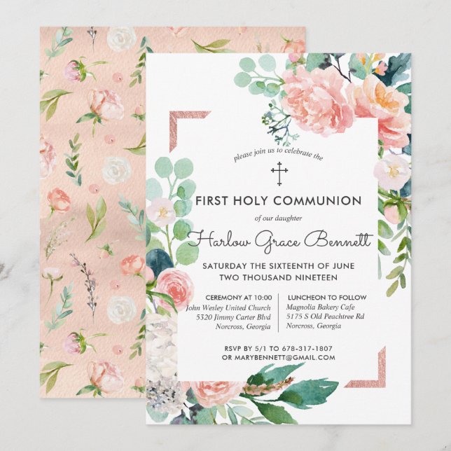 Blushing Summer Floral First Communion Invitation (Front/Back)