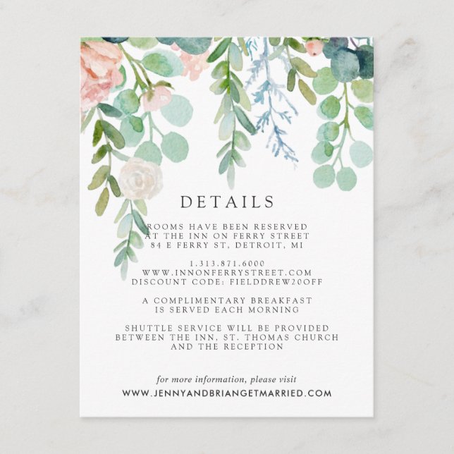 Blushing Summer Floral Wedding Guest Details Enclosure Card (Front)