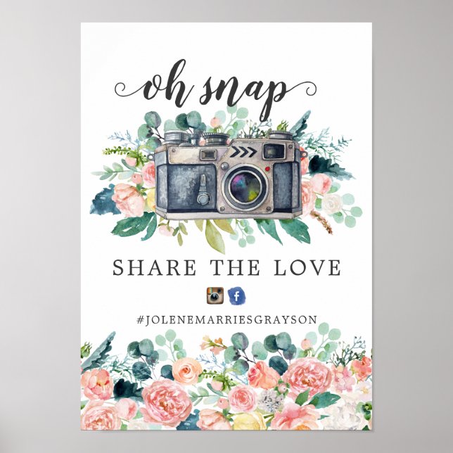 Blushing Summer Floral Wedding Hashtag Sign (Front)