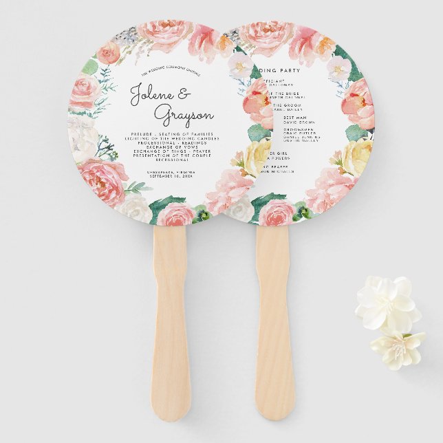 Blushing Summer Floral | Wedding Program Hand Fan (Front and Back)