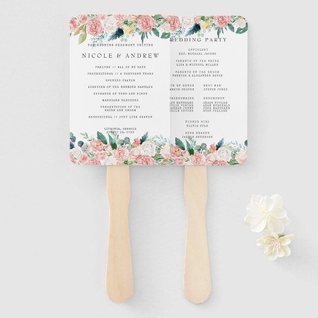 Blushing Summer Floral Wedding Program Hand Hand Fan (Front and Back)