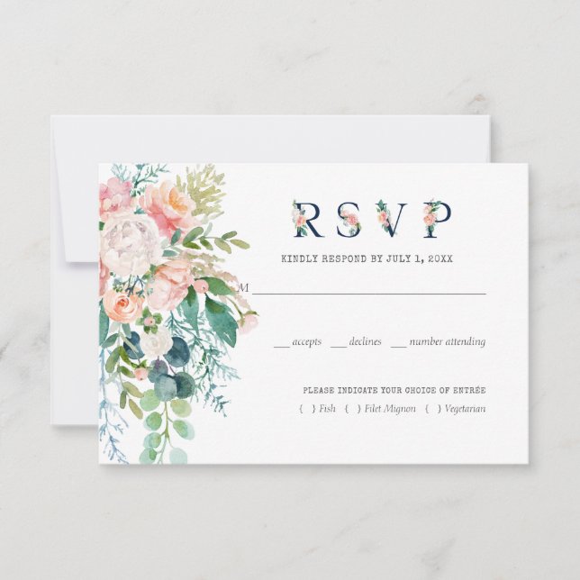Blushing Summer Floral Wedding RSVP w/Meal (Front)