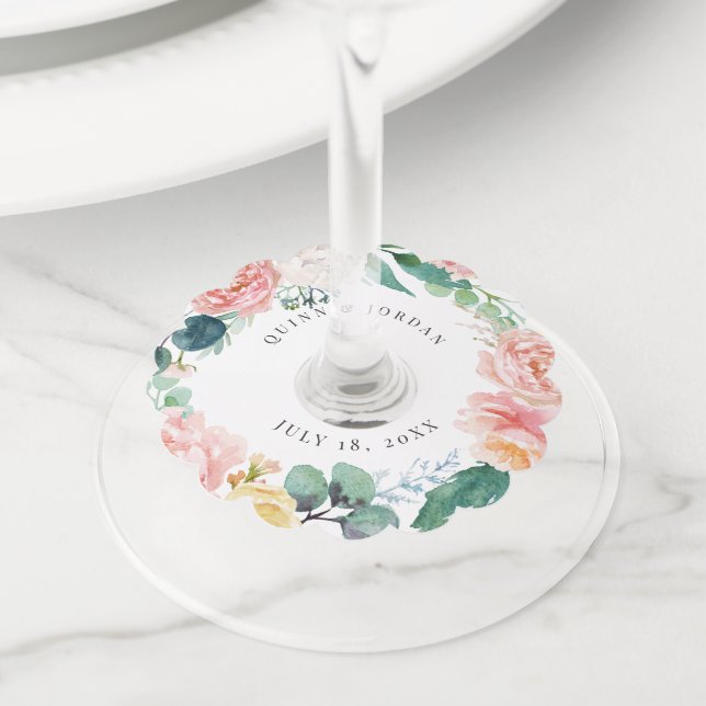 Blushing Summer Floral Wedding Wine Glass Tag (Close Up)