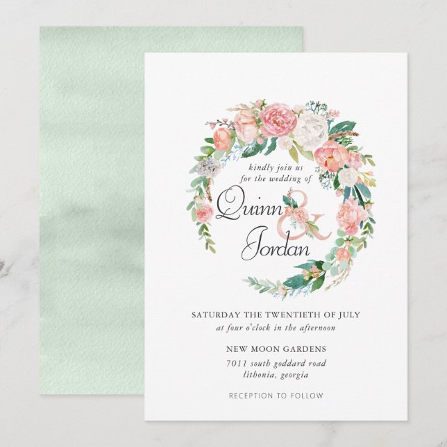 Blushing Summer | Floral Wreath Wedding Invitation (Front/Back)