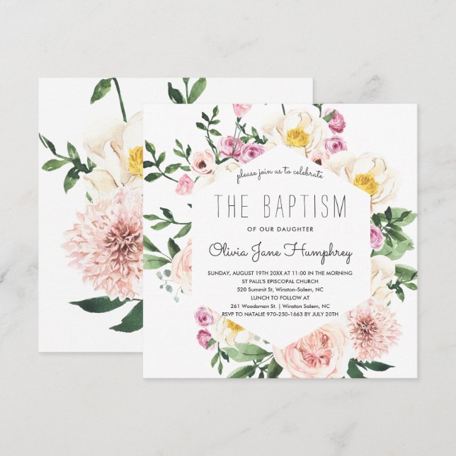 Blushing Summer Florals Baptism Invitation (Front/Back)