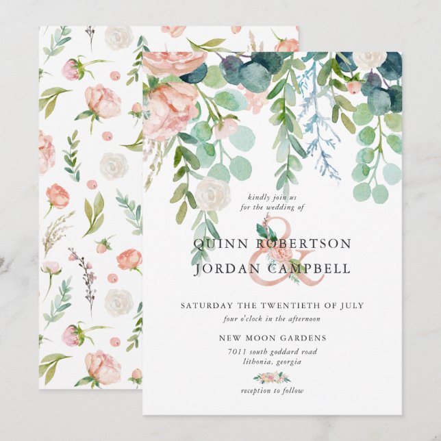 Blushing Summer | Watercolor Floral Wedding Invitation (Front/Back)