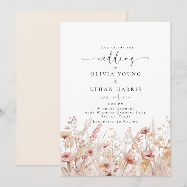 Blushing Wildflowers Wedding Invitation (Front/Back)
