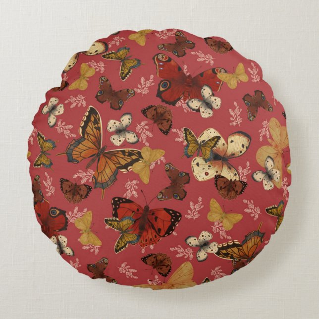 Blushing Wings – Pink Butterfly Pattern Round Cushion (Front)