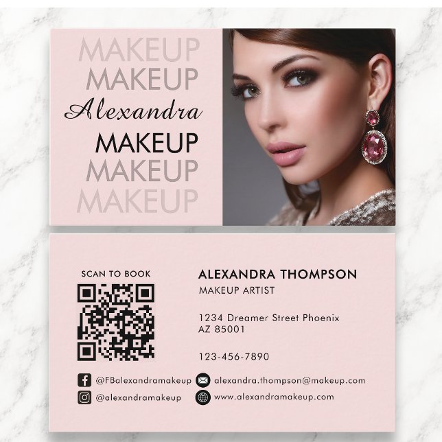 BlushPink Black Script Photo Qr Code Social Icon Business Card (Creator Uploaded)