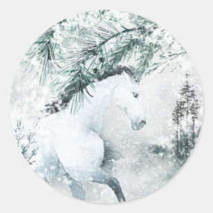 Blustering Winter Woodland Forest White Horse Classic Round Sticker