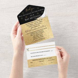 BM Bar Bat Mitzvah Elegant Gold All In One Invitation