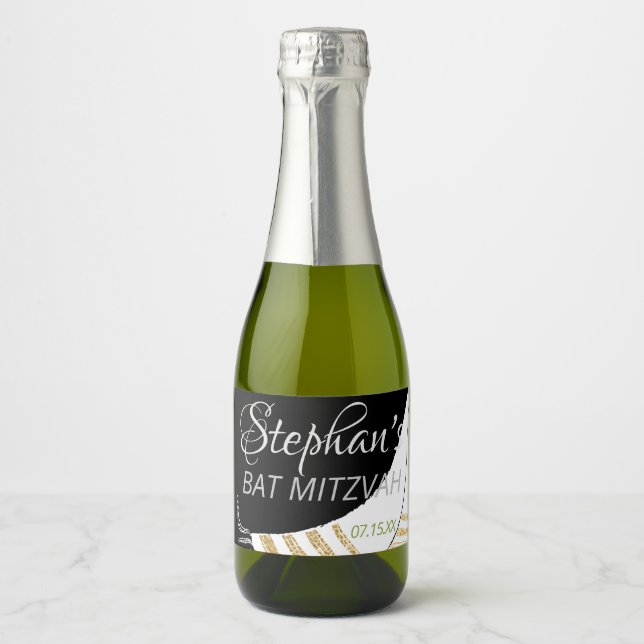 BM Bar Bat Mitzvah Elegant Tallit Mini Sparkling Wine Label (Front)