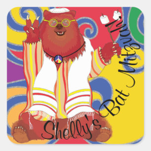 BM Bar Bat Mitzvah Sitting Hippie Bear Square Sticker