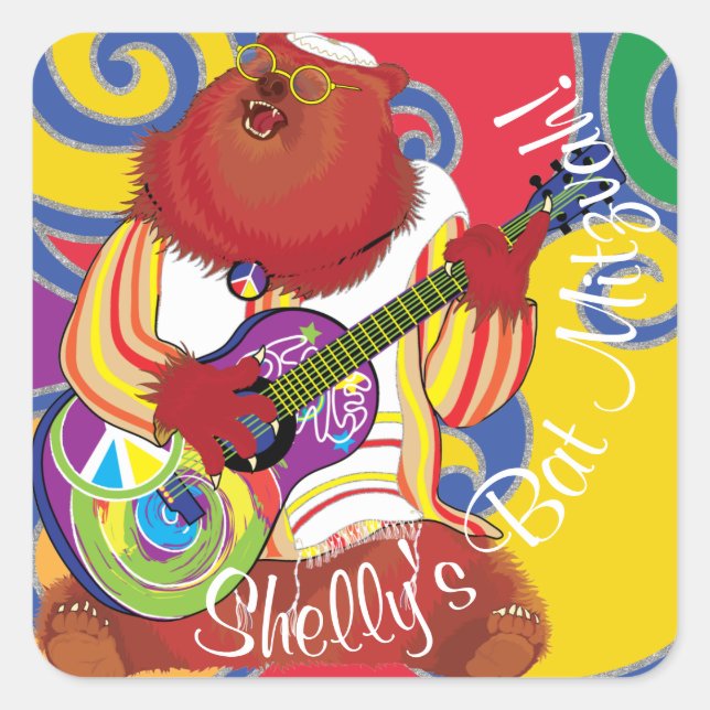 BM Bar Bat Mitzvah Swirls Hippie Bear Square Sticker (Front)