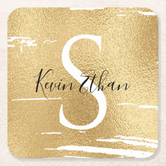 BM Bar or Bat Mitzvah Elegant Gold Black Square Paper Coaster