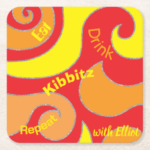 BM Bar or Bat Mitzvah Glitter Swirls Square Paper Coaster