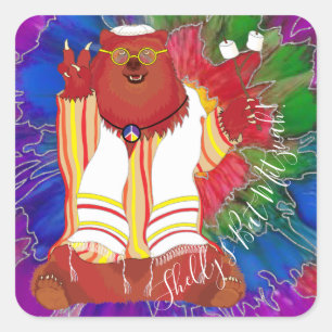 BM Bar or Bat Mitzvah Hippie Bear Stickers Square