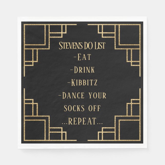 BM Bat Bar Mitzvah Black Art Deco Napkin (Front)