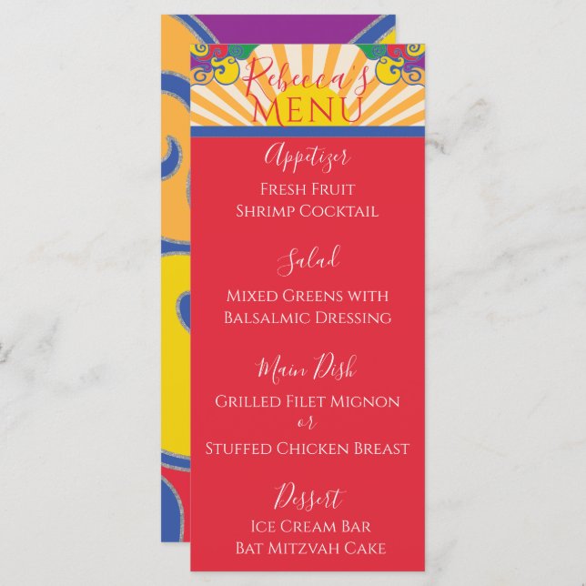 BM Bat Bar Mitzvah Elegant Sparkly Swirl Food Menu (Front/Back)